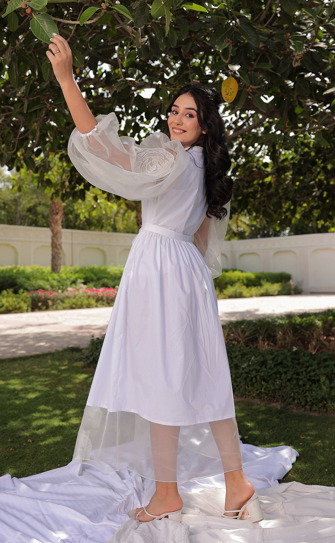 Rose Applique Puffy Sleeve - Dress
