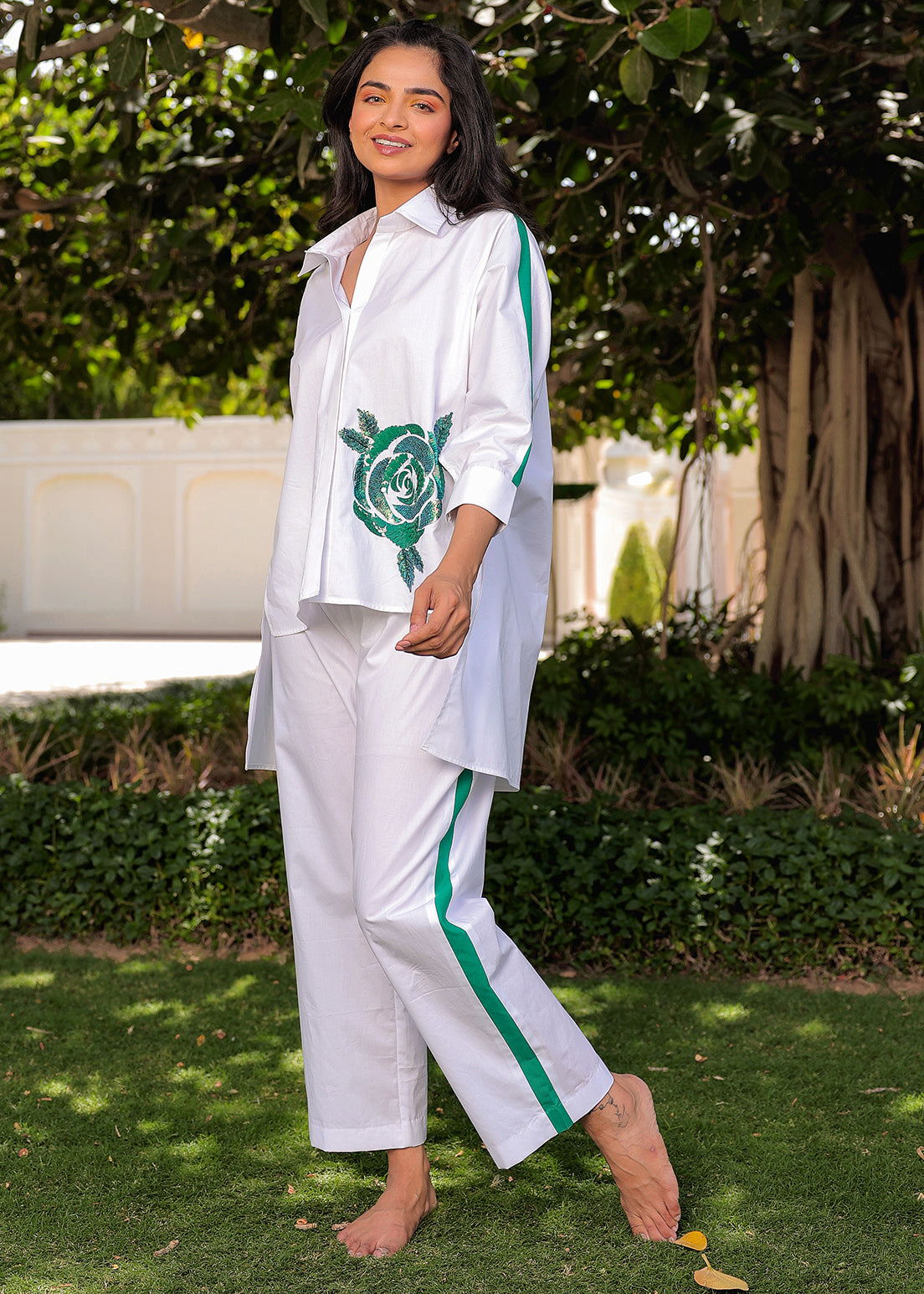 Stripe Rose Sequence - Shirt Set With Pants And Shorts Combo