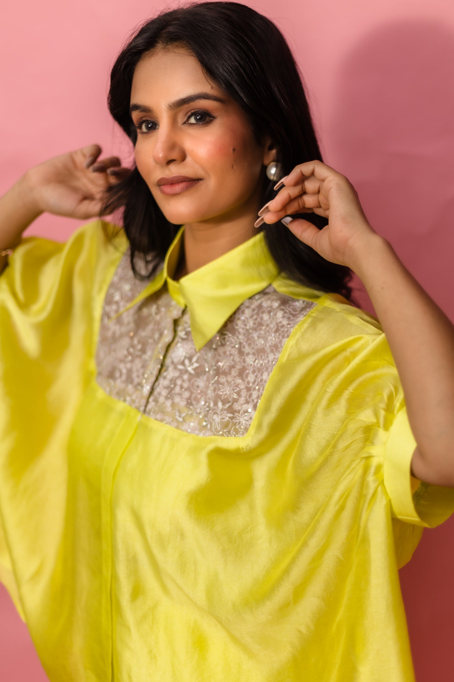 Kaliyarn Self Pink Boxy Yoke Shirt w/d Pant