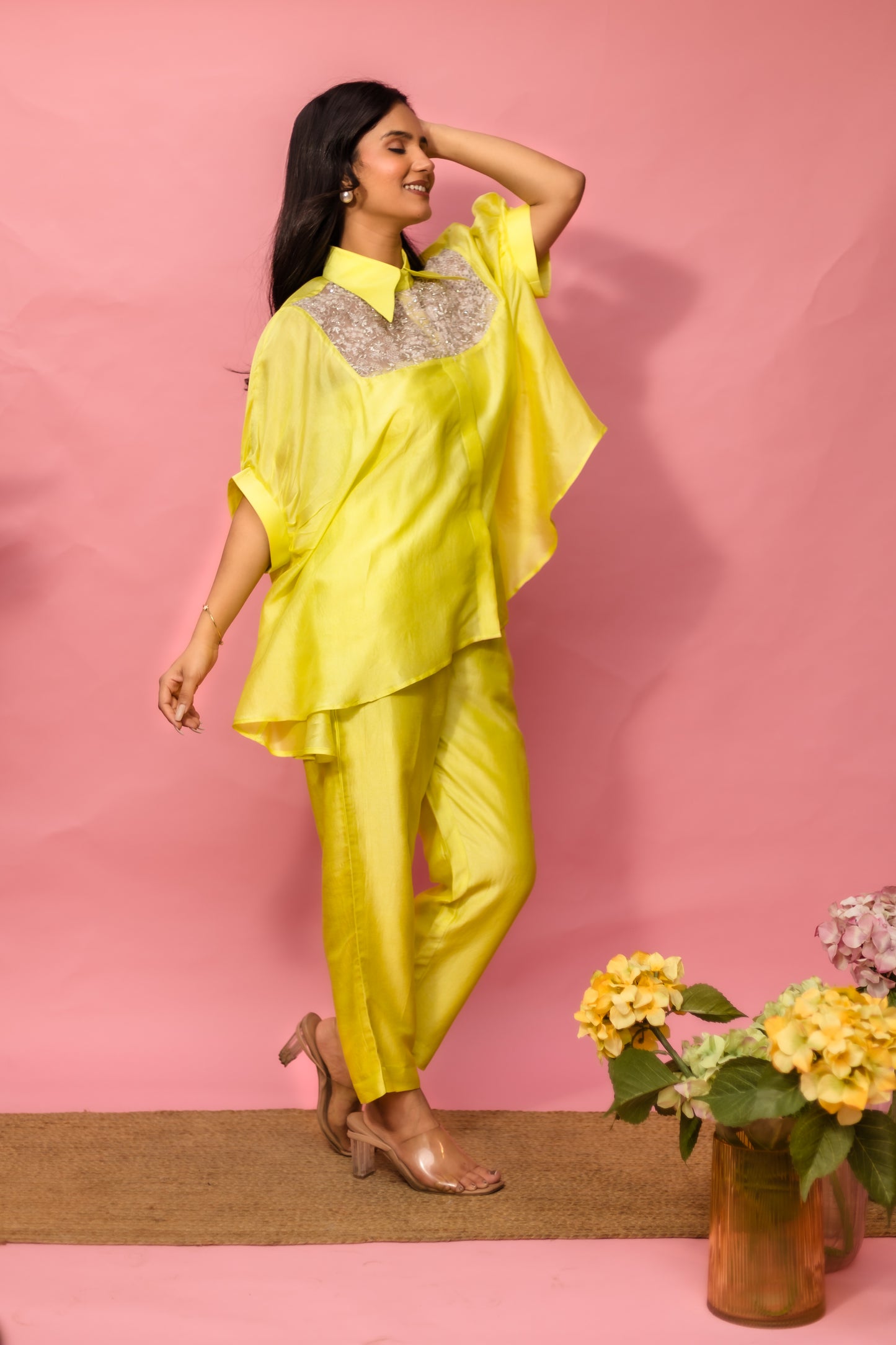 Kaliyarn Self Pink Boxy Yoke Shirt w/d Pant