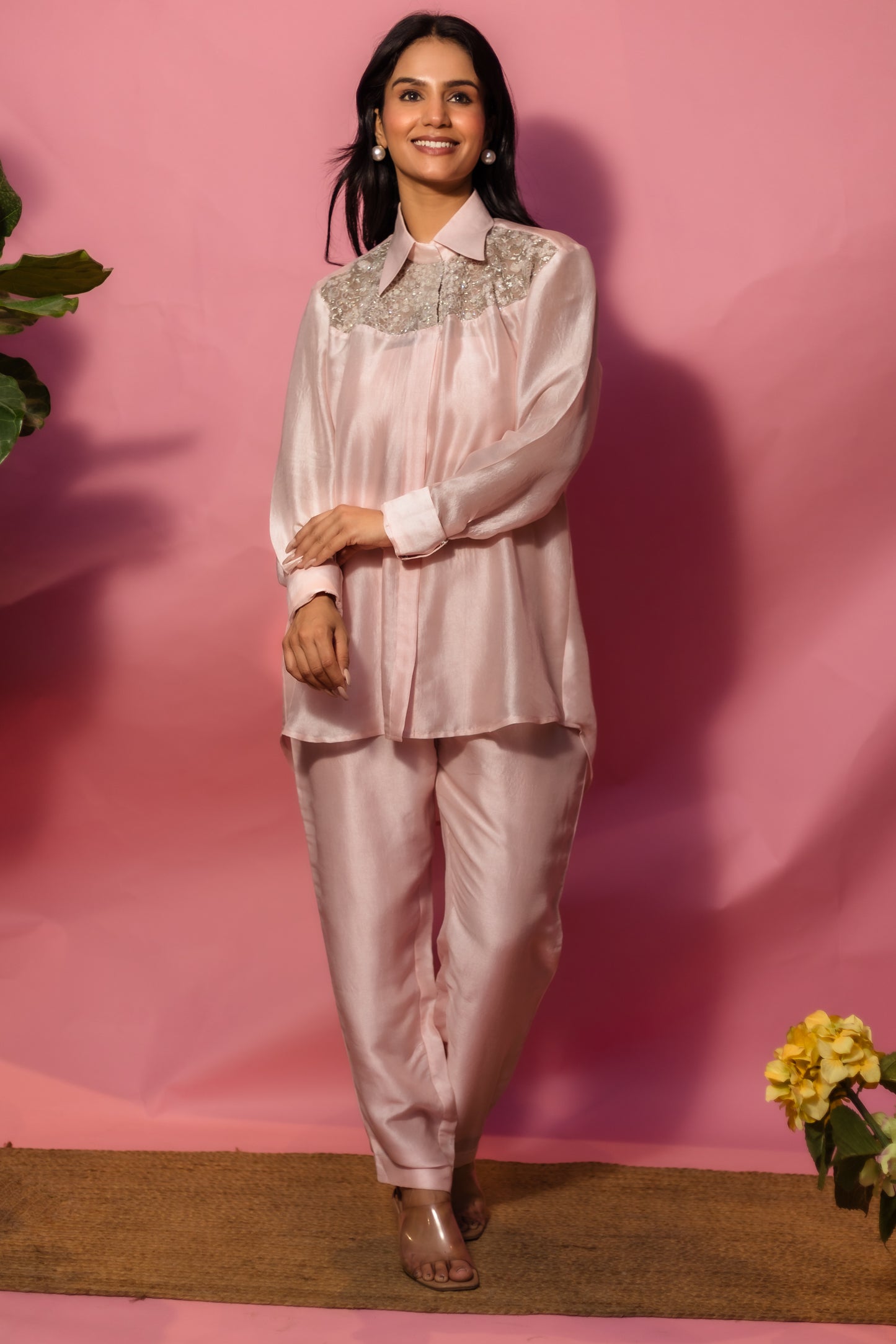 Kaliyarn Self Pink Yoke Shirt w/d Pant