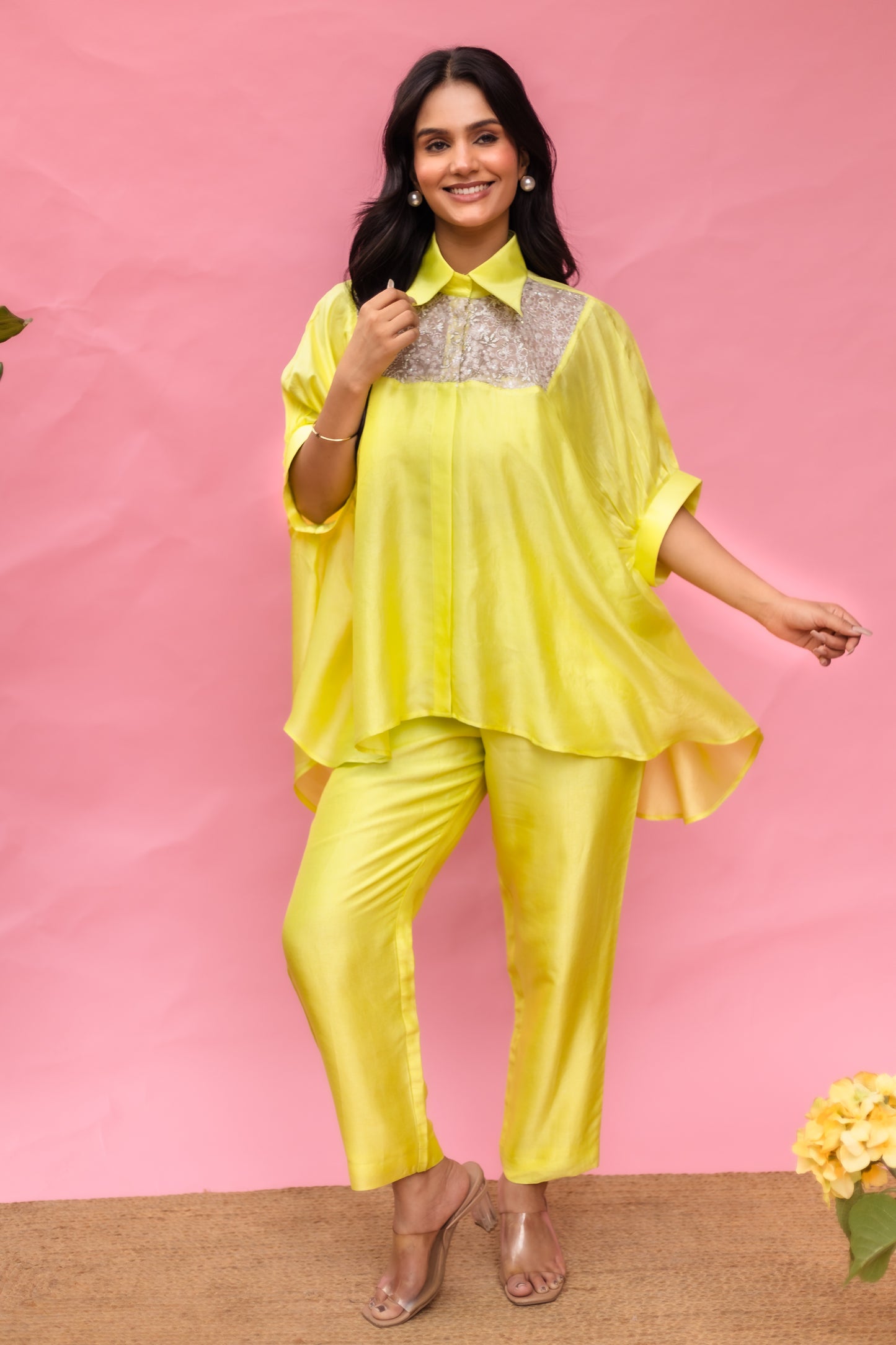 Kaliyarn Self Pink Boxy Yoke Shirt w/d Pant