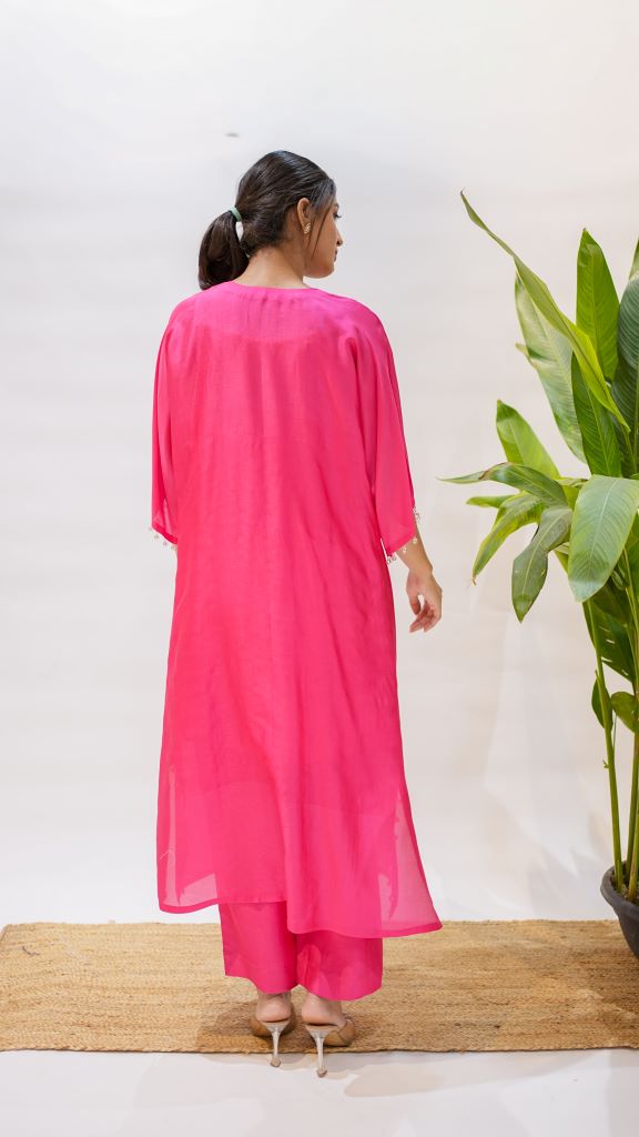 French Knot Coral V Neck Kaftan Kurta W|d Pant