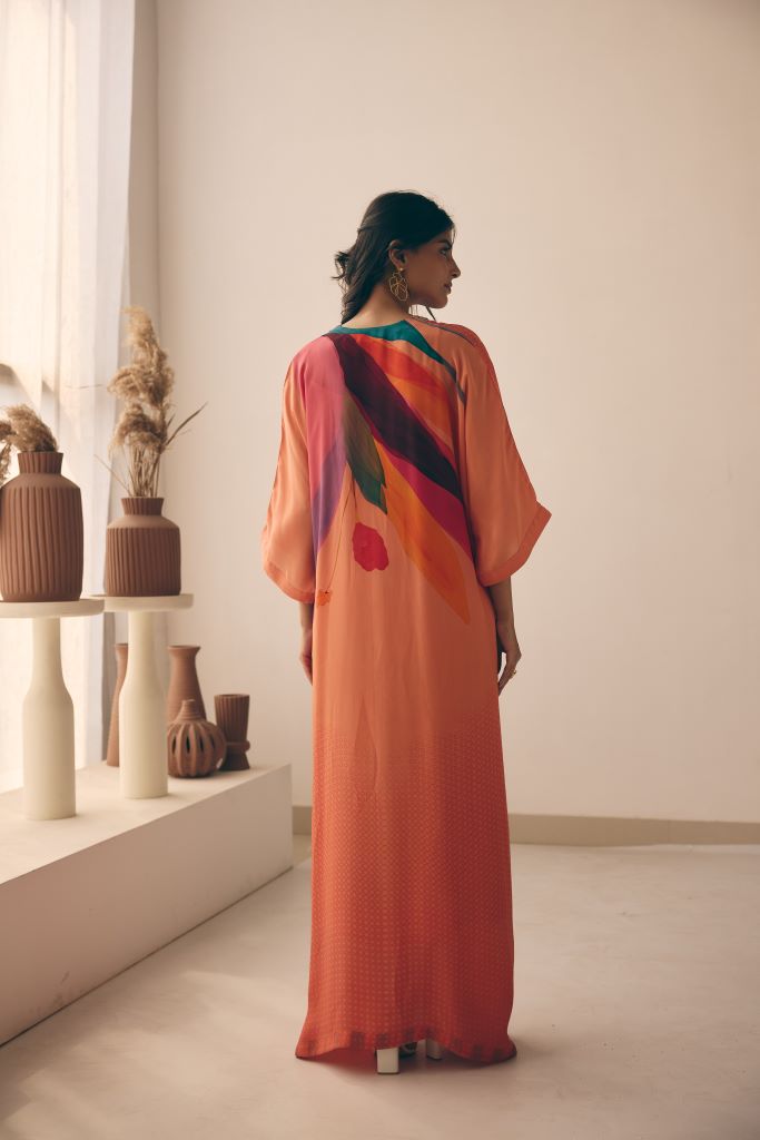 Coral Petal Knot Long Kaftan With Slip