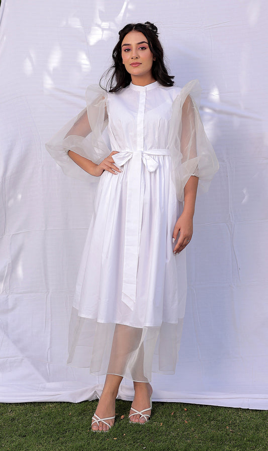 Rose Applique Puffy Sleeve - Dress