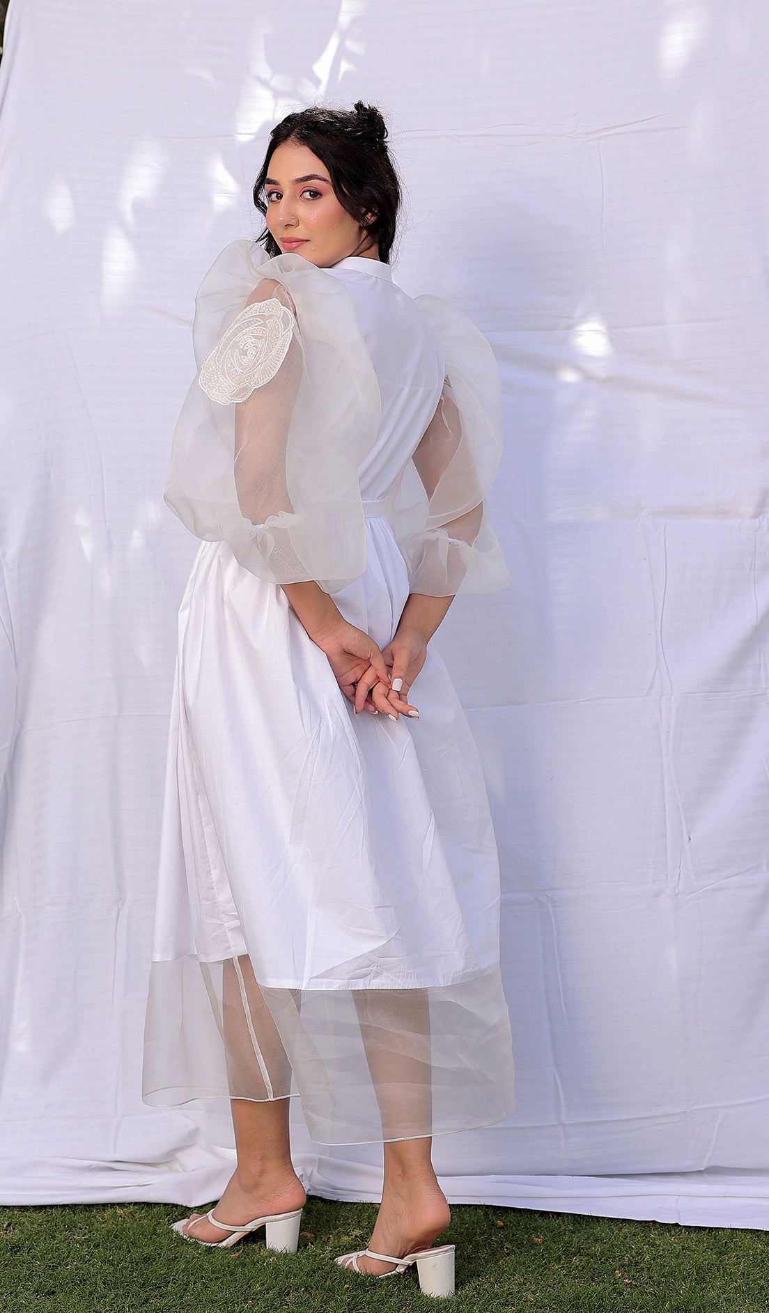 Rose Applique Puffy Sleeve - Dress