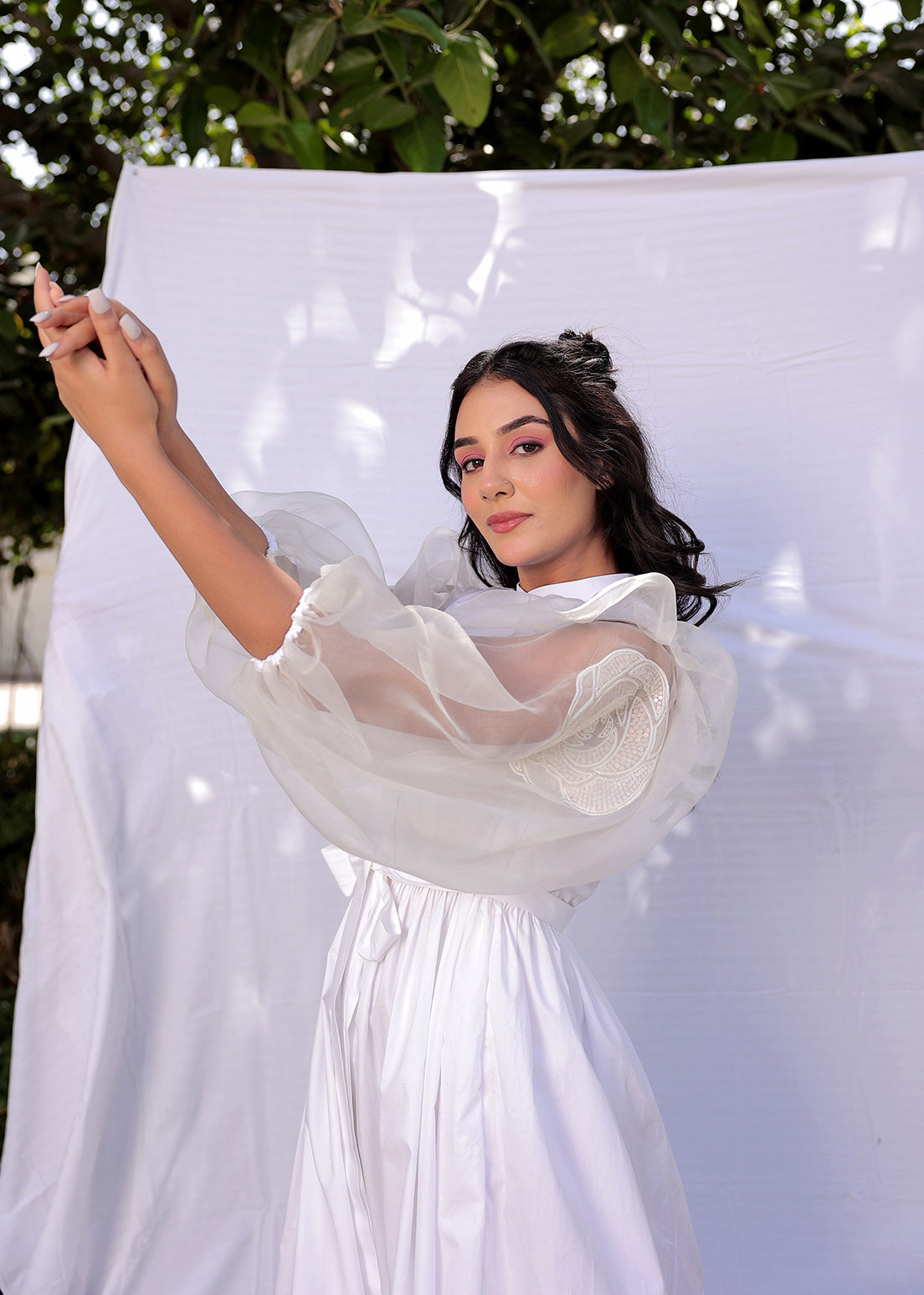 Rose Applique Puffy Sleeve - Dress
