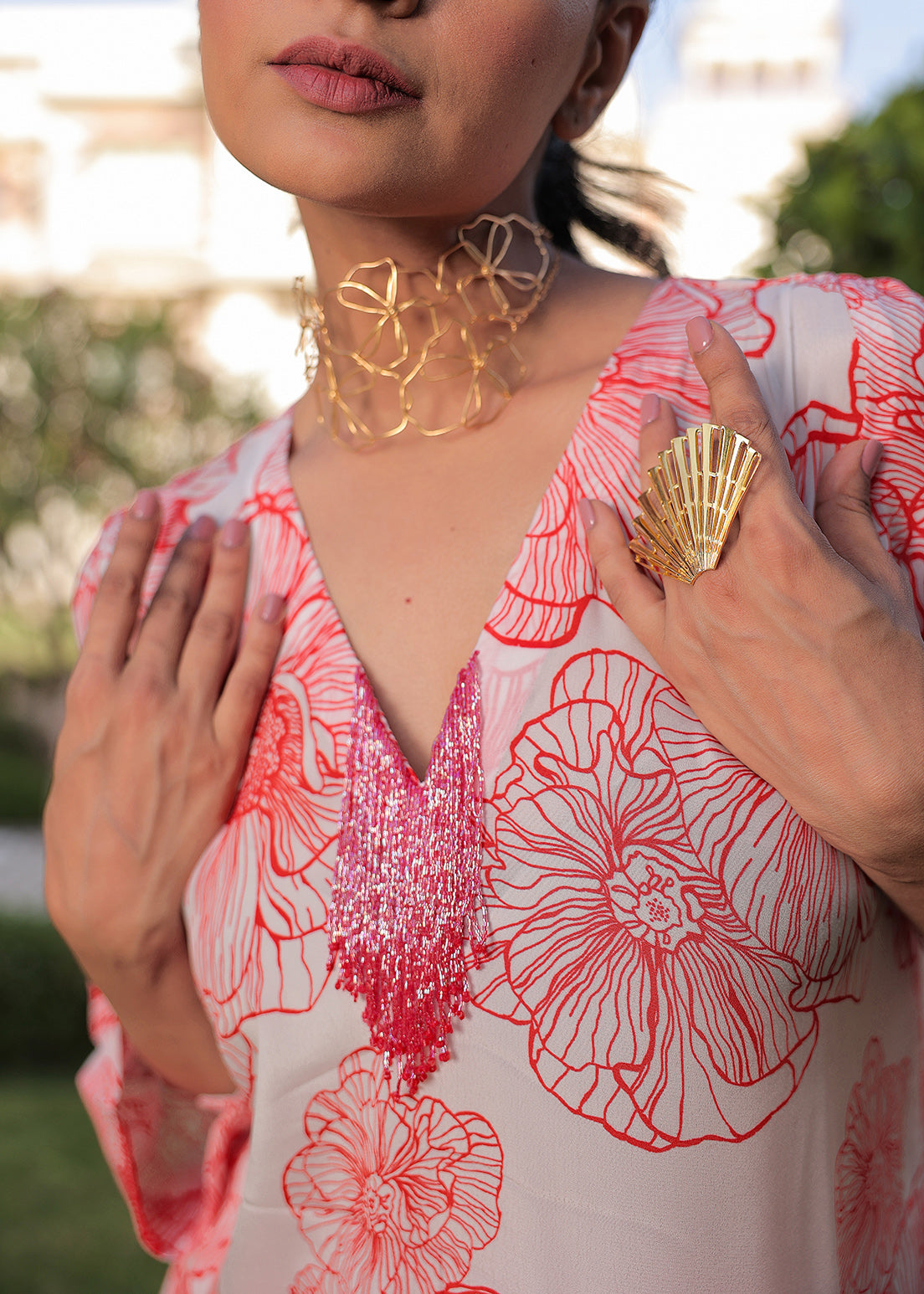 Blossoming Red Burst V Neck Fringe - Kurta Set