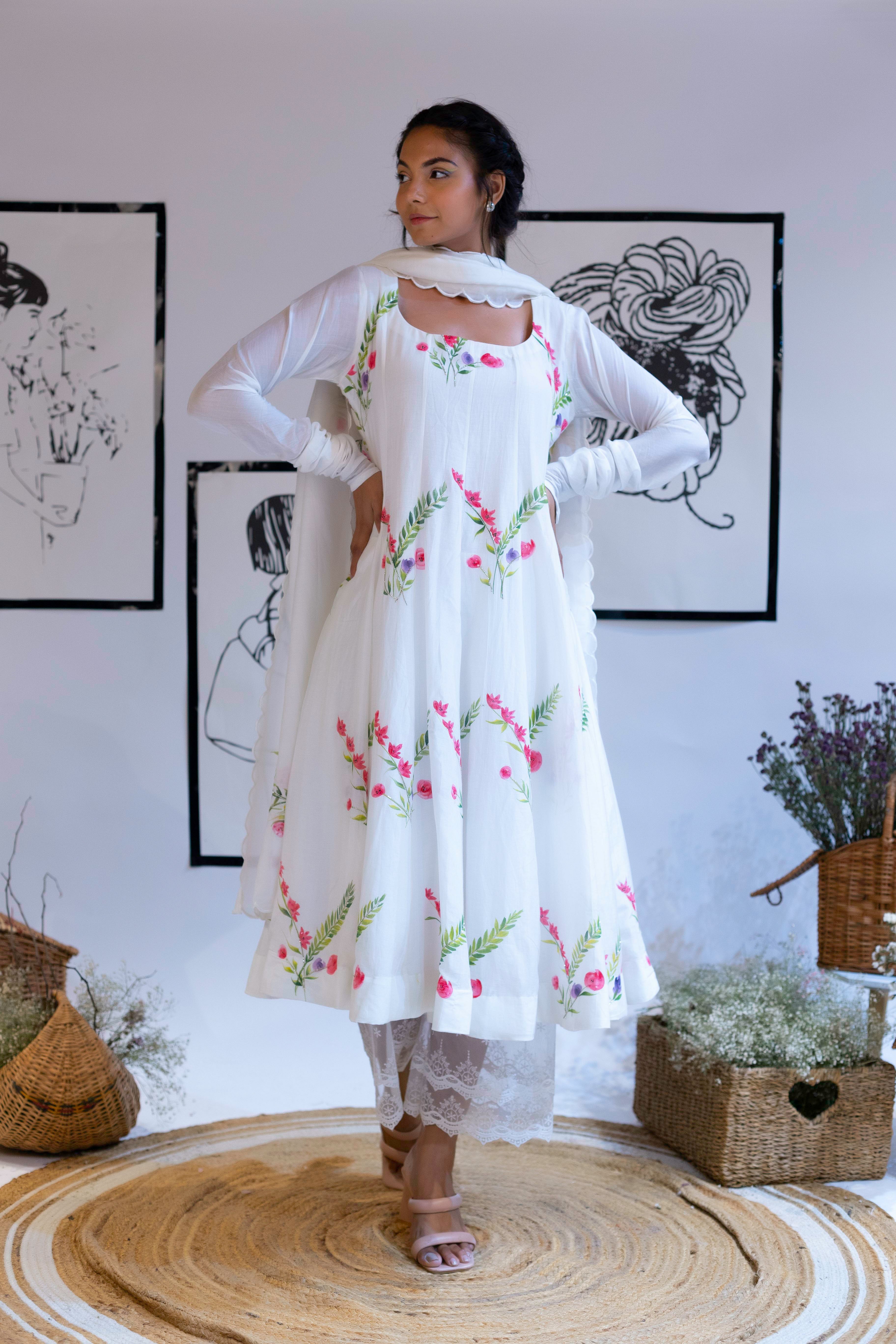 Floral Feather Anarkali - Suit Set
