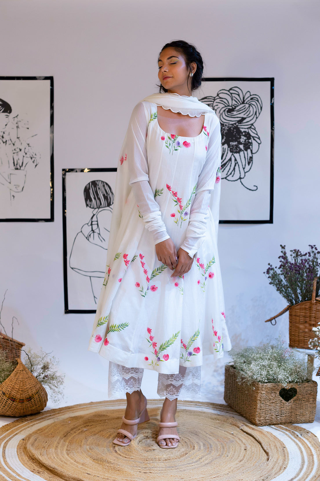 Floral Feather Anarkali - Suit Set