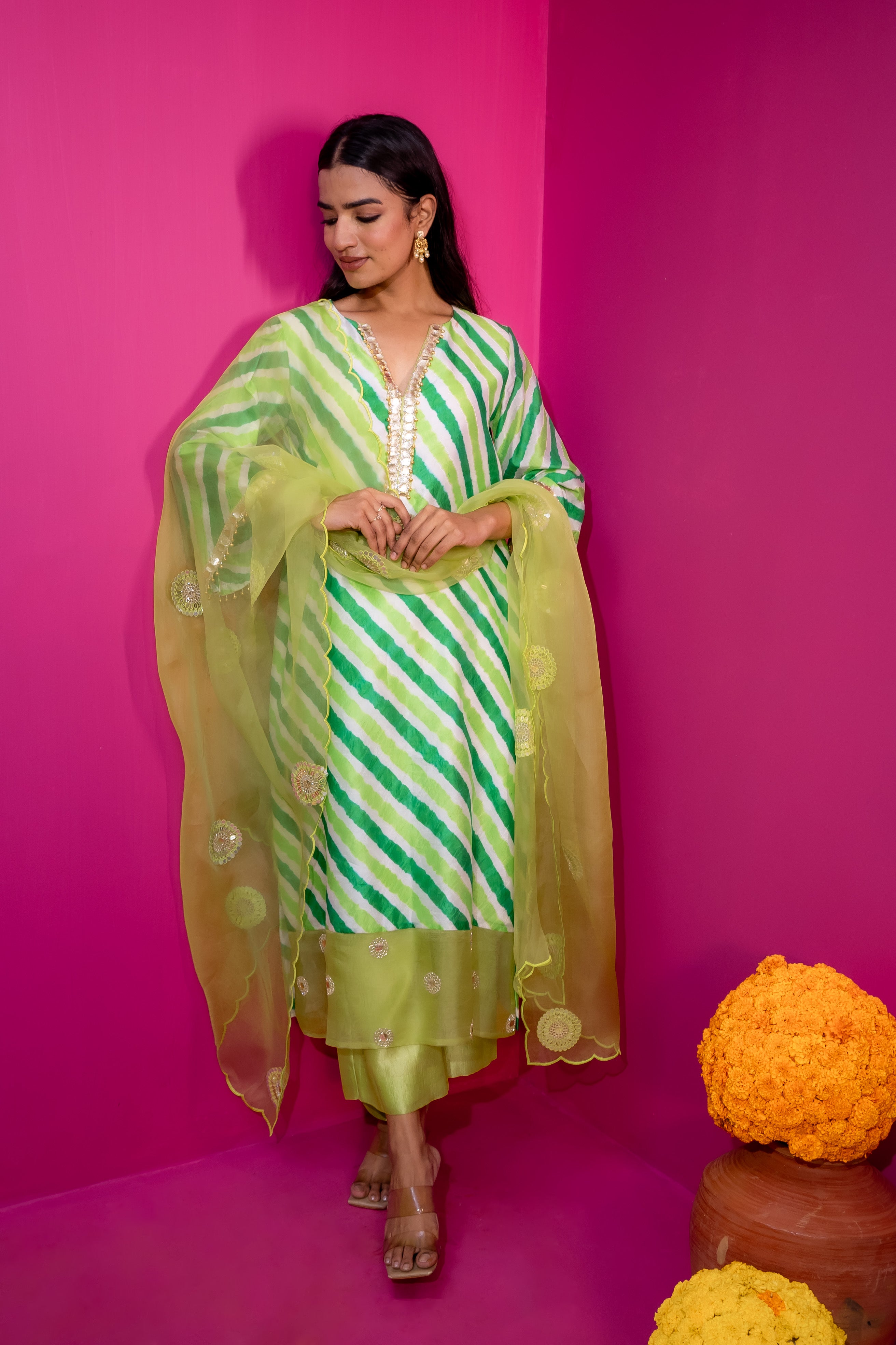 Phulkari Haryali leheriya suit set