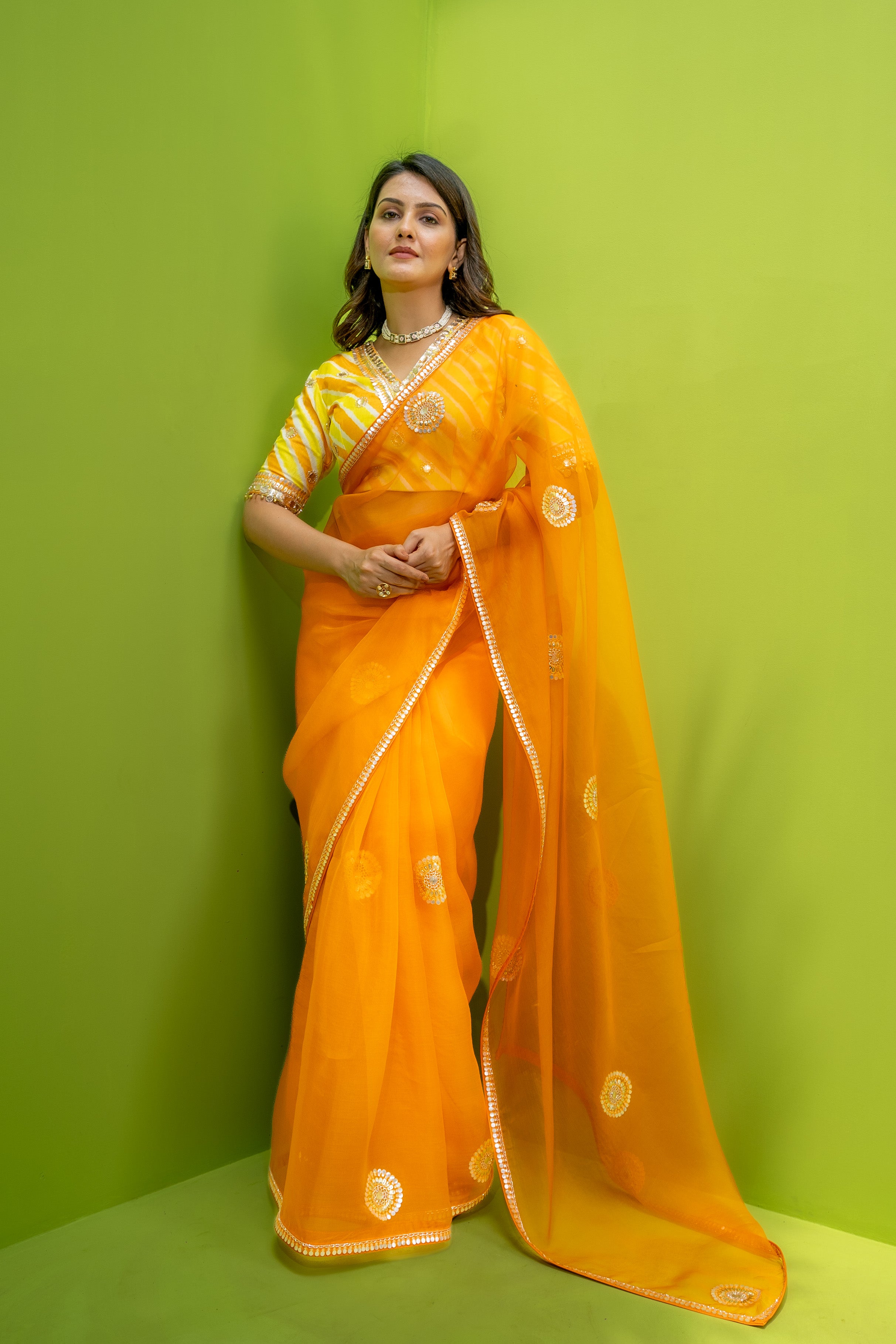 Amber Orange Ladoo - Saree w/d Floral Butti Blouse