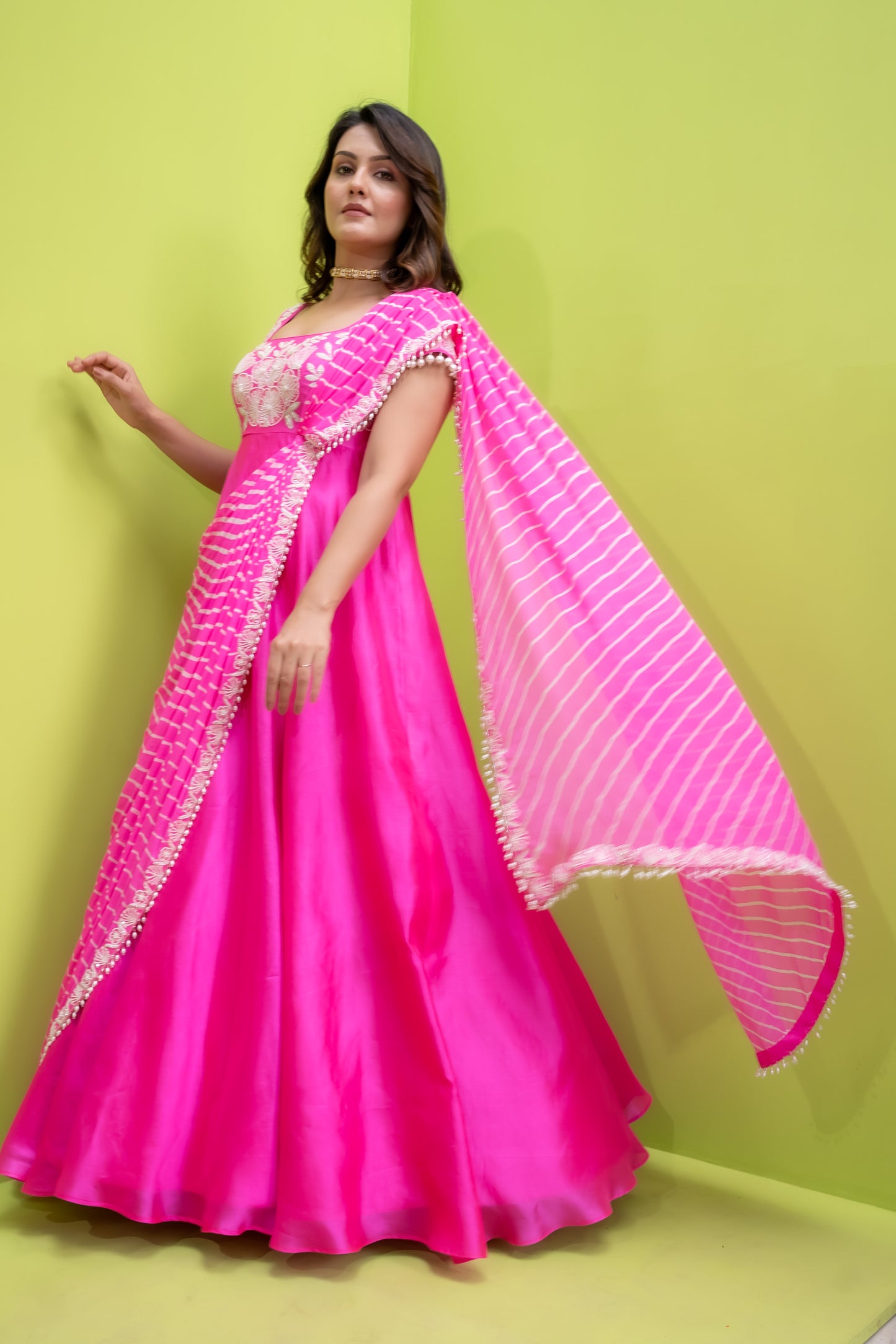 Floraltina One Shoulder Leheriya - Drape Gown