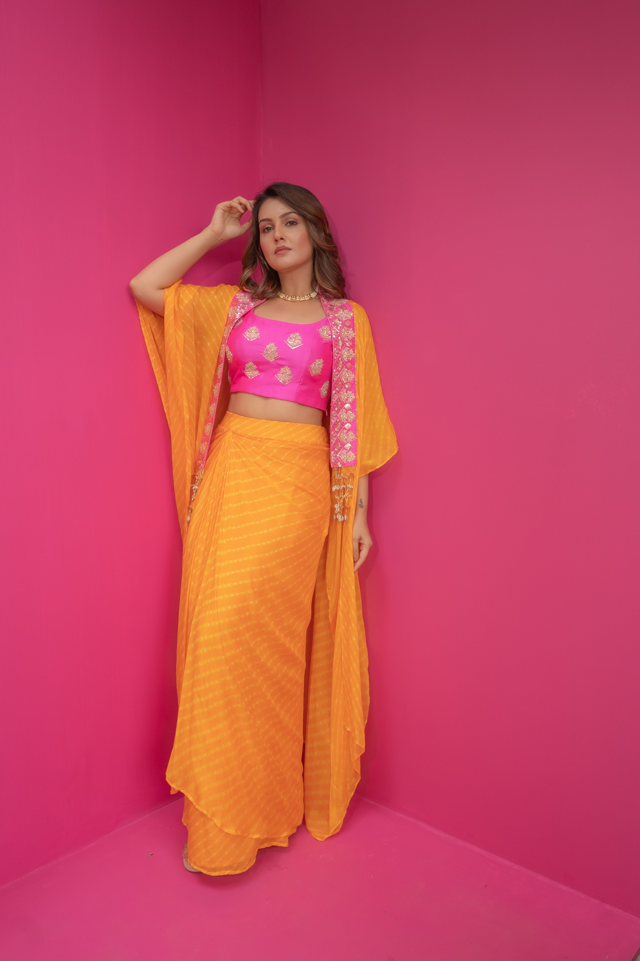 Sunehre Gulbahar Leheriya Drape Skirt