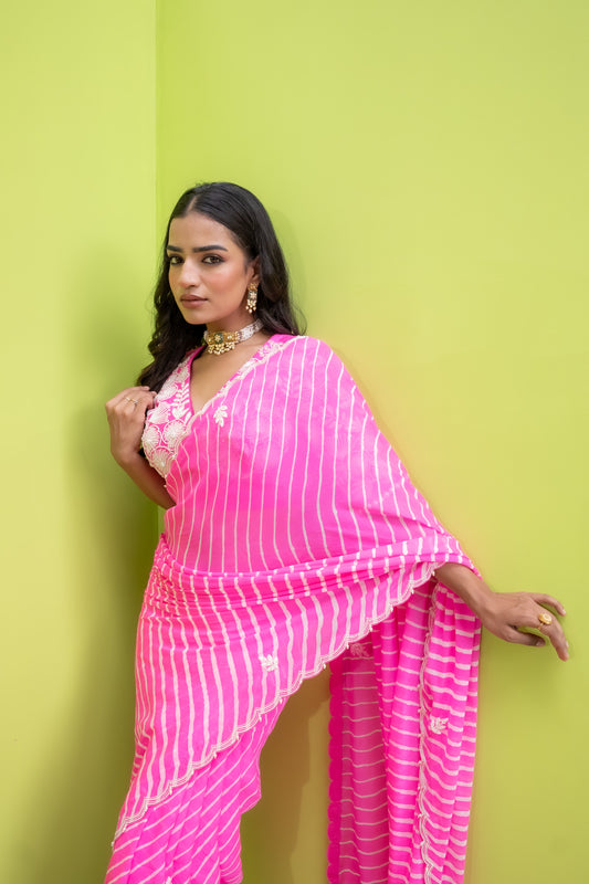 Floraltina Gulabi Leheriya - Saree w/d Blouse
