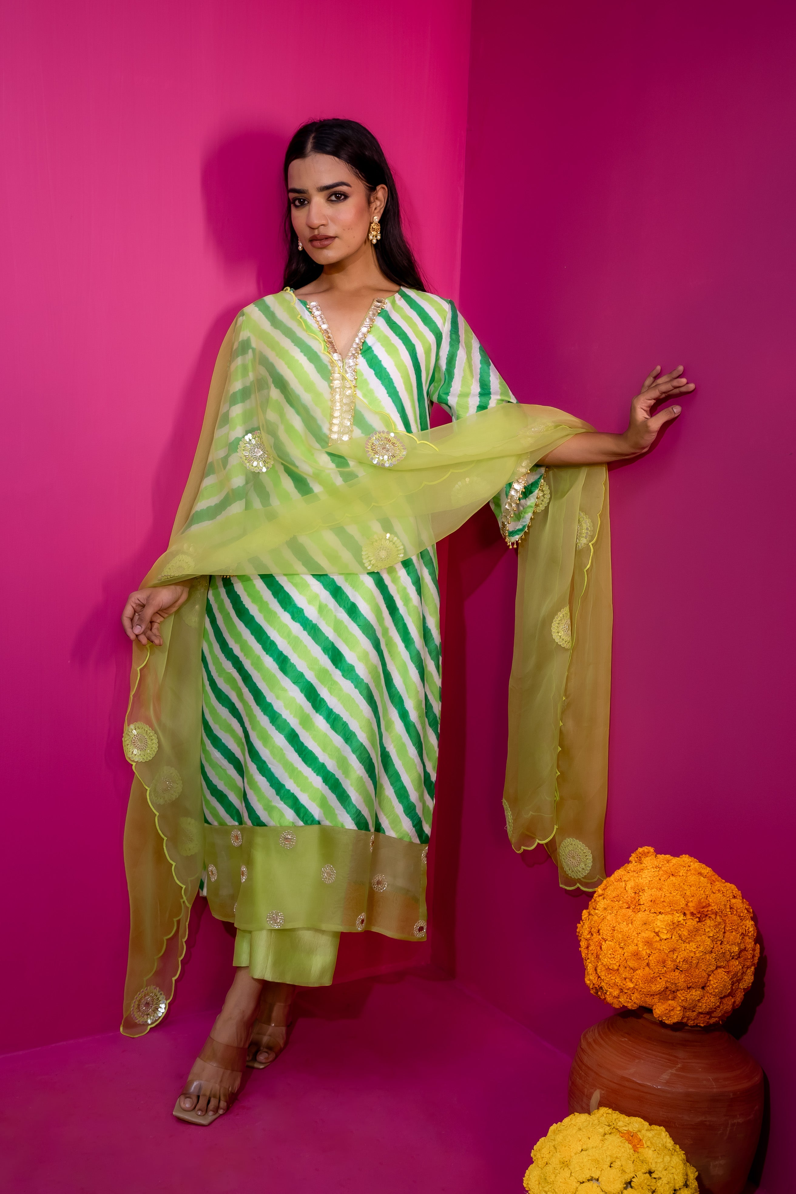 Phulkari Haryali leheriya suit set