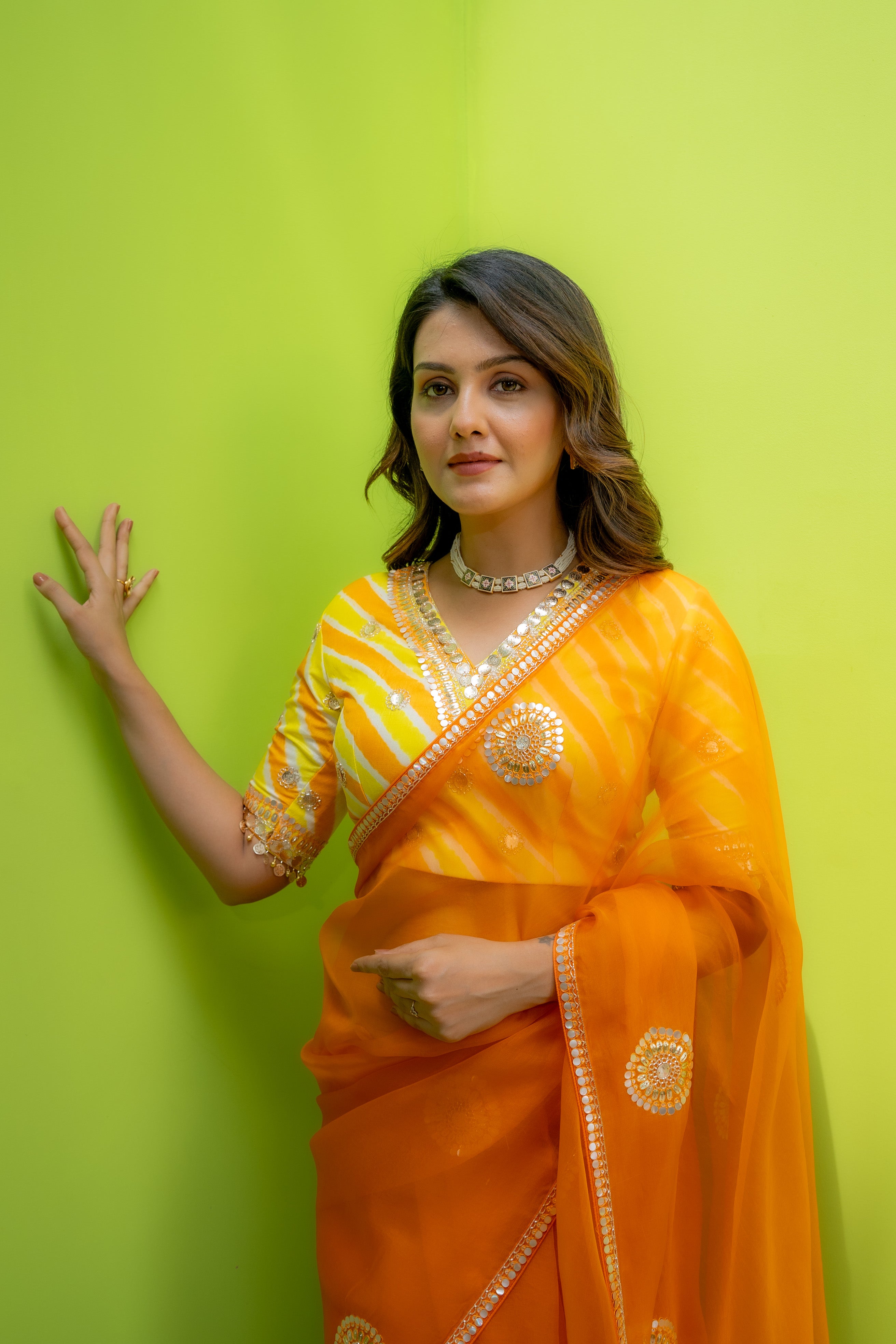 Amber Orange Ladoo - Saree w/d Floral Butti Blouse