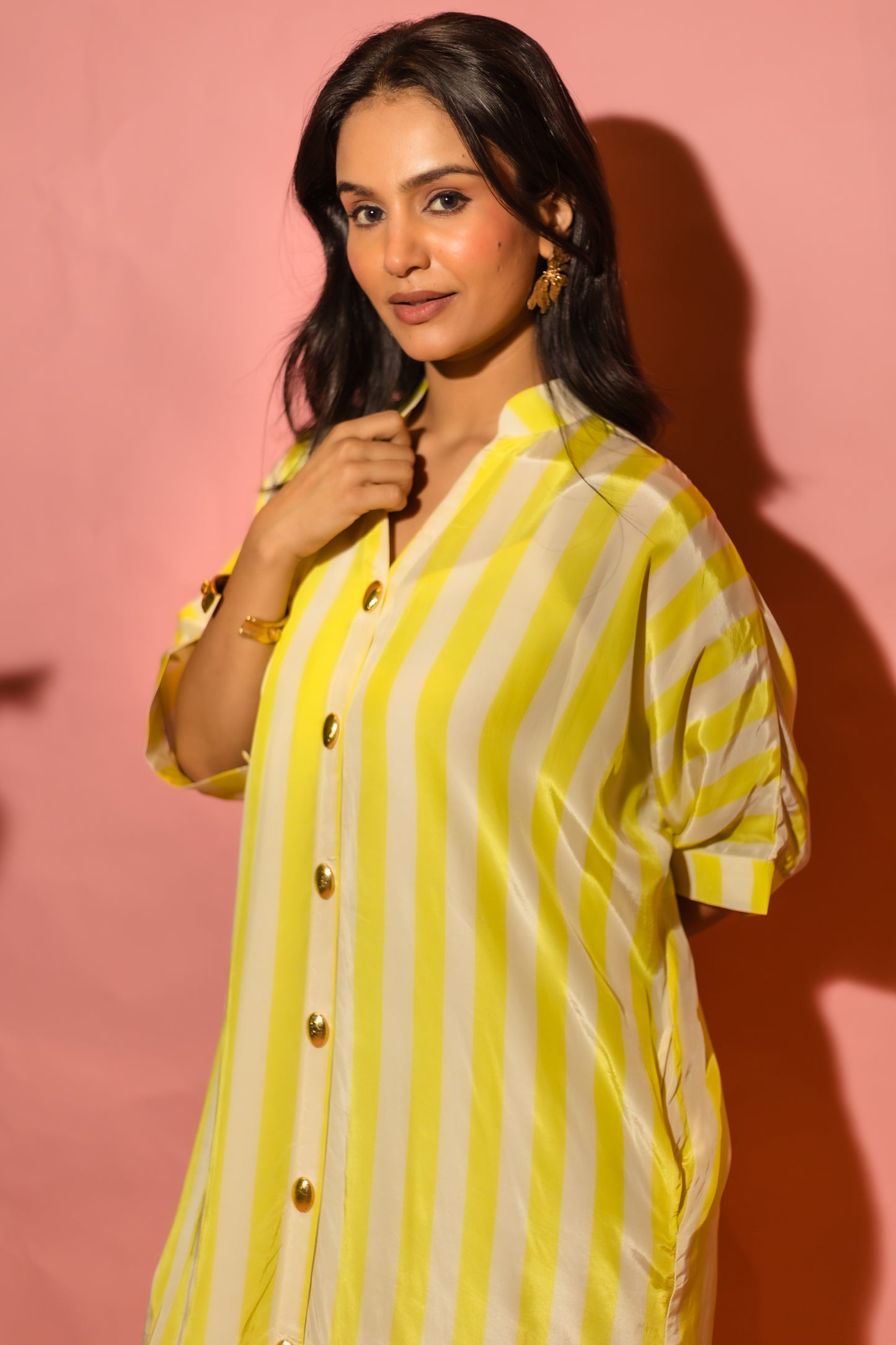 Yellow Stripe Shirt Dress With Slip