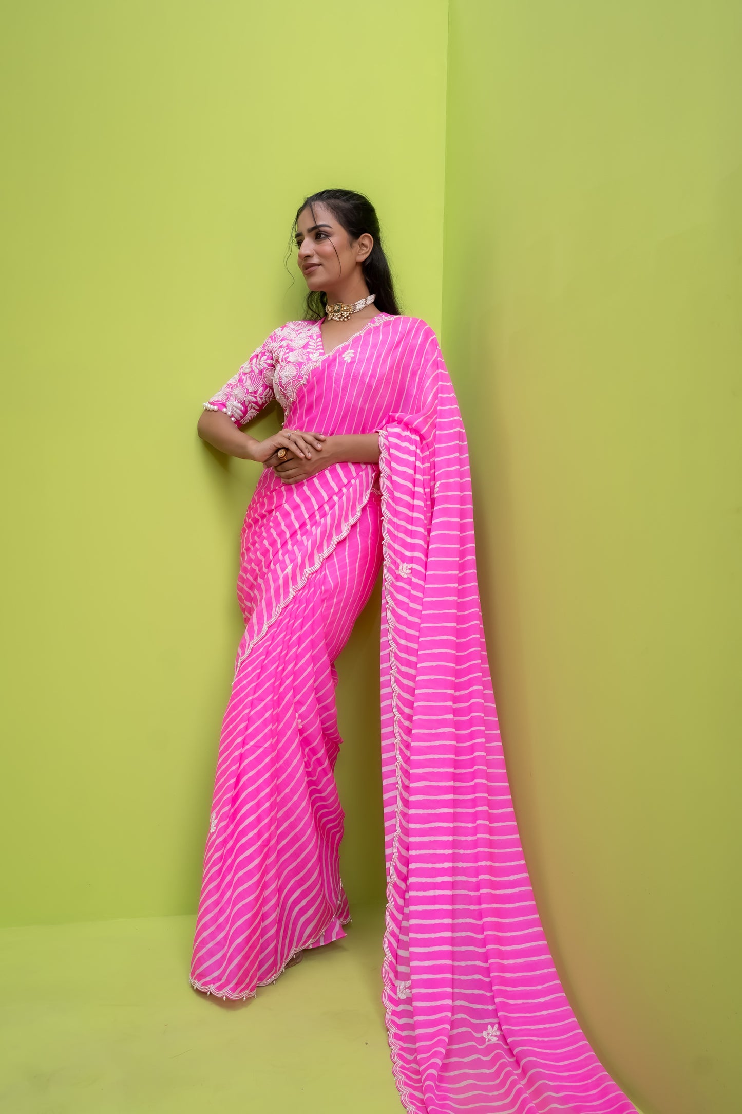 Floraltina Gulabi Leheriya - Saree w/d Blouse