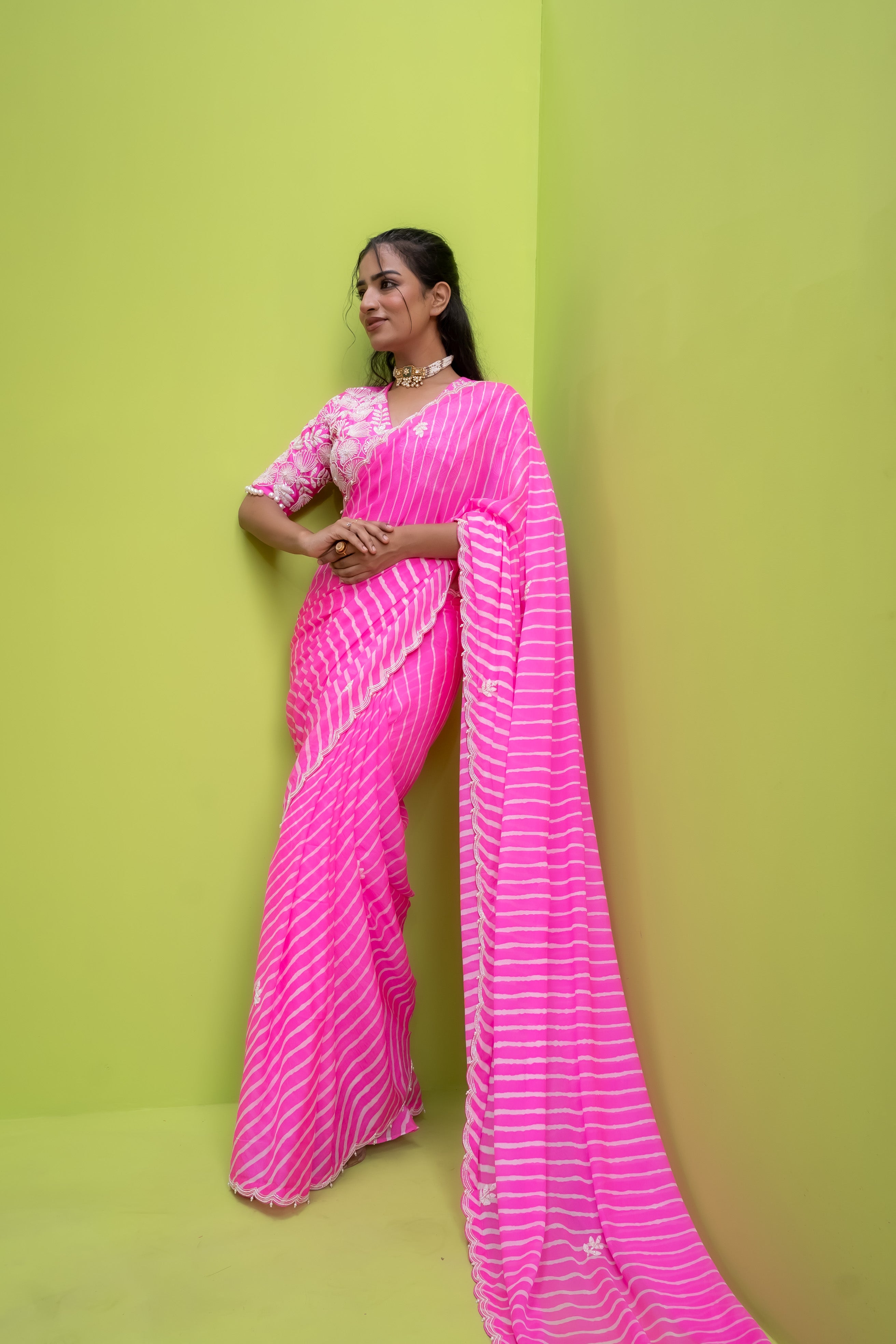 Floral Tina Gulabi Leheriya - Saree w/d Blouse