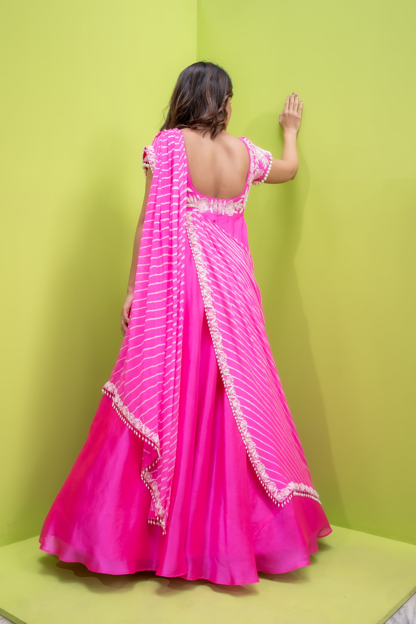 Floraltina One Shoulder Leheriya - Drape Gown