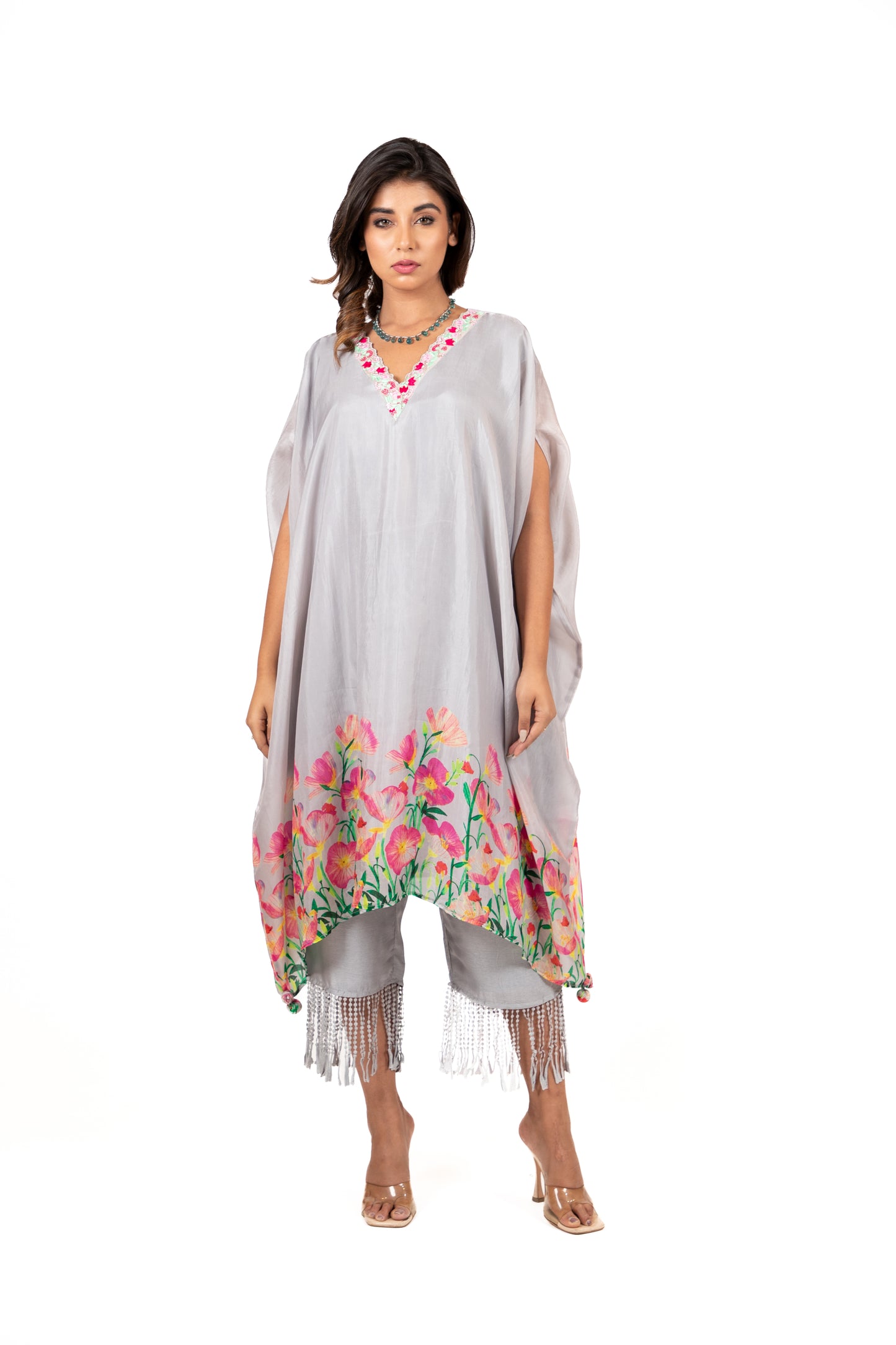Tulip Print - Kaftan Kurta With Fringe Pants