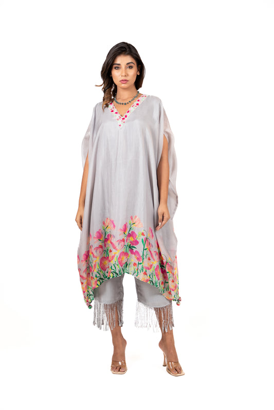 Tulip Print - Kaftan Kurta With Fringe Pants
