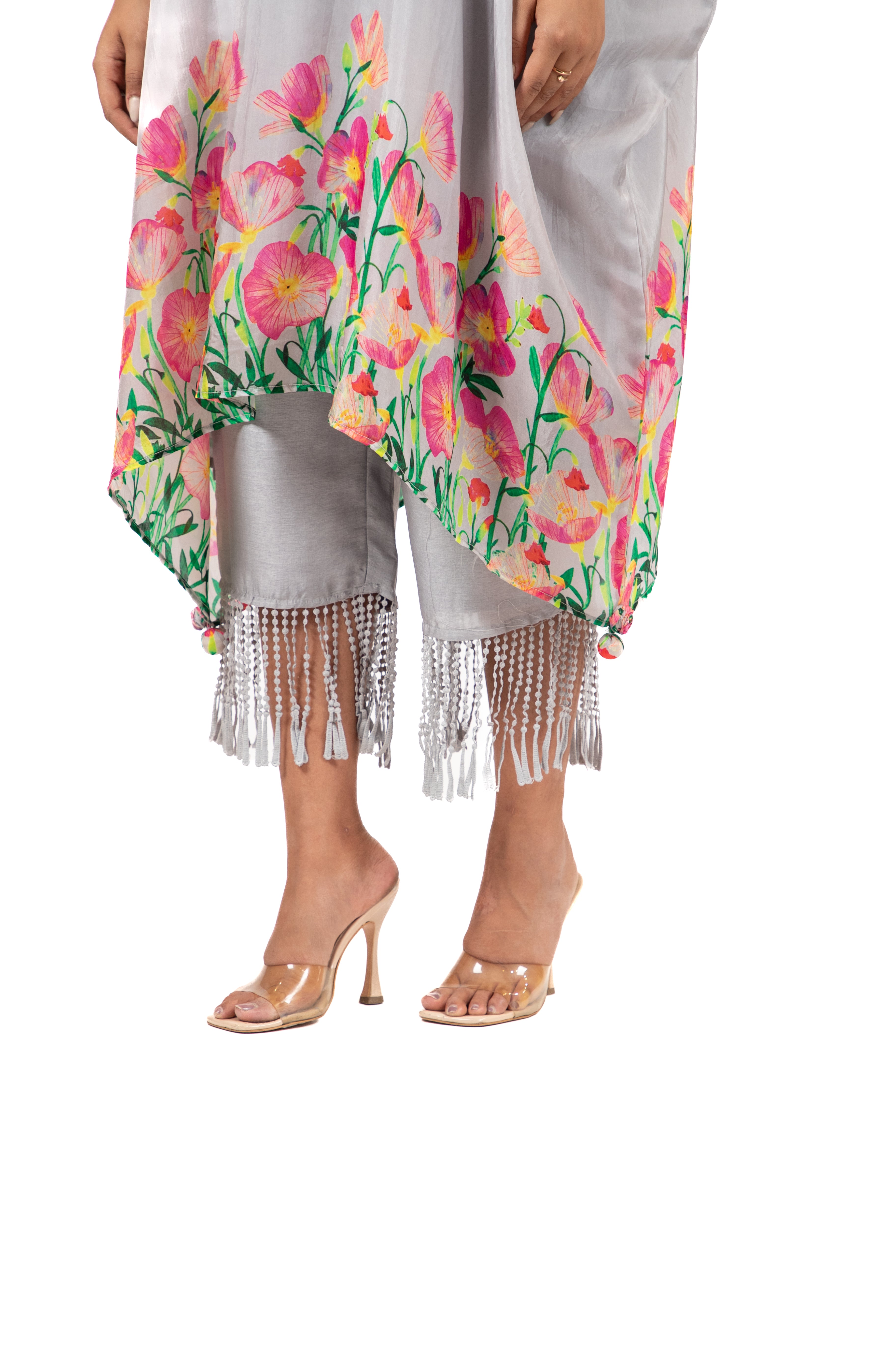 Tulip Print - Kaftan Kurta With Fringe Pants