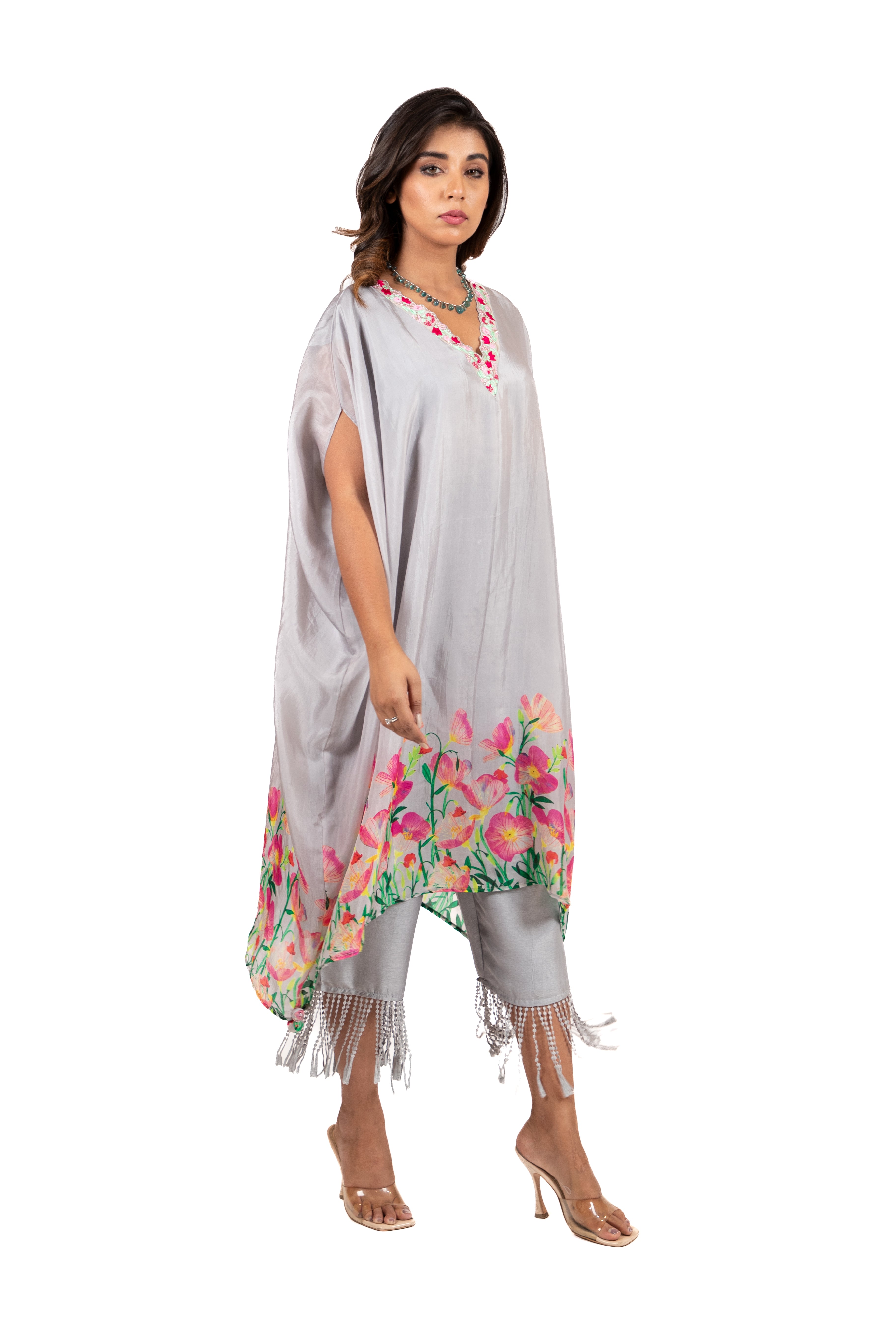 Tulip Print - Kaftan Kurta With Fringe Pants