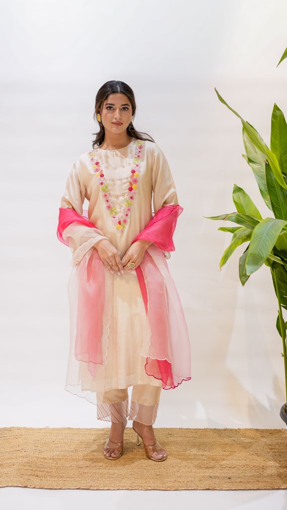 Red Cardinal Long V Neck  Yoke KURTA W|D Pant And Dupatta