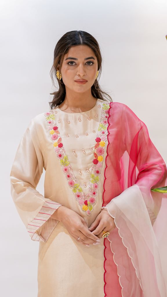 Red Cardinal Long V Neck  Yoke KURTA W|D Pant And Dupatta
