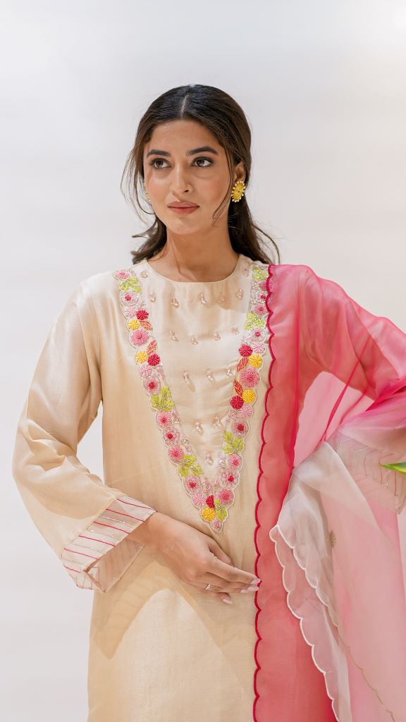 Red Cardinal Long V Neck  Yoke KURTA W|D Pant And Dupatta