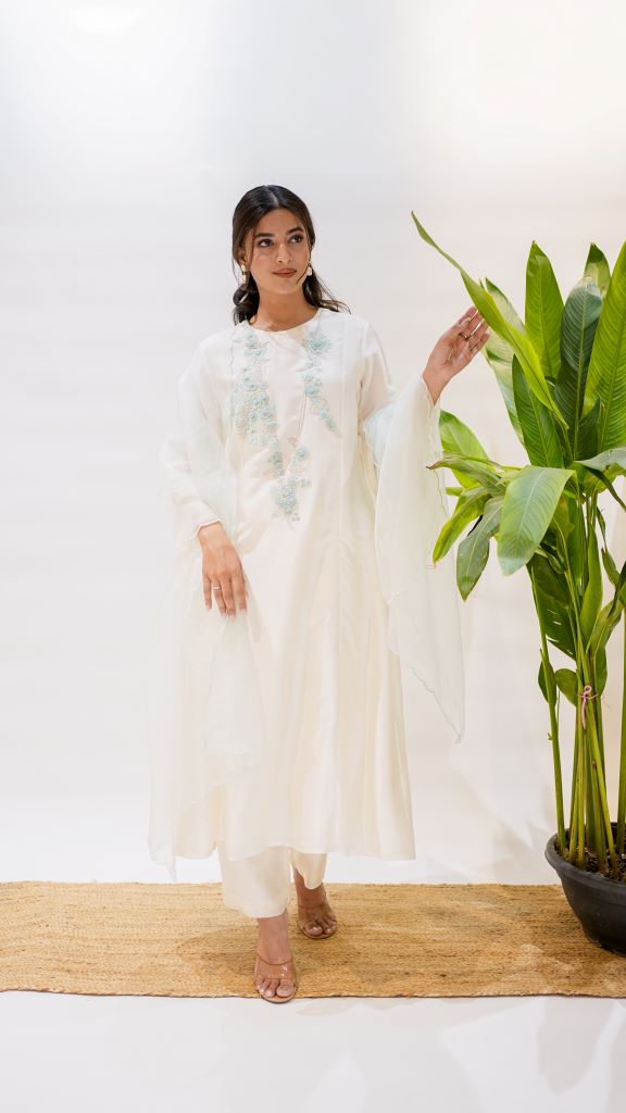 3D Flower Firozi Panalled Anarkali Suit Set