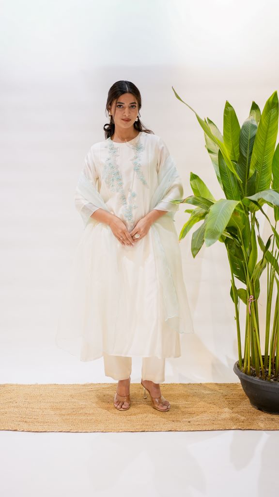 3D Flower Firozi Panalled Anarkali Suit Set