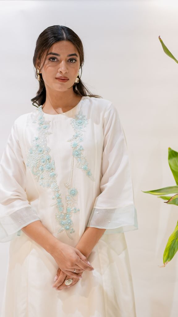 3D Flower Firozi Panalled Anarkali Suit Set