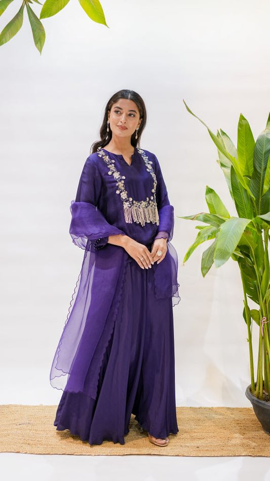 French Sequin Square Yoke Tassel Short Kurta W|d Skirt & Dupatta