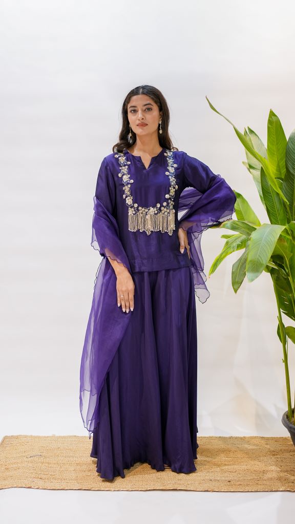 French Sequin Square Yoke Tassel Short Kurta W|d Skirt & Dupatta