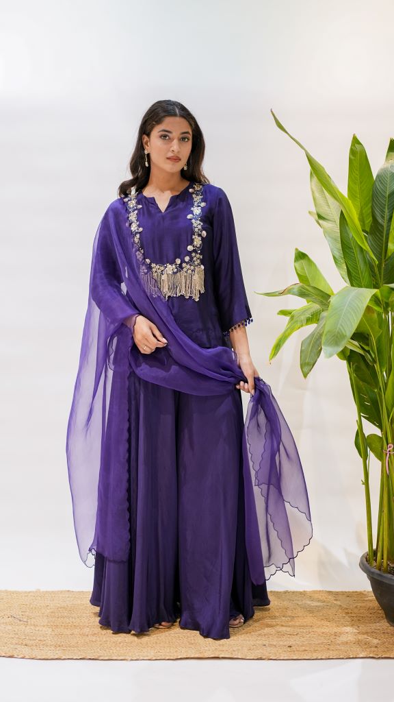 French Sequin Square Yoke Tassel Short Kurta W|d Skirt & Dupatta