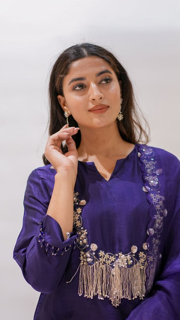 French Sequin Square Yoke Tassel Short Kurta W|d Skirt & Dupatta