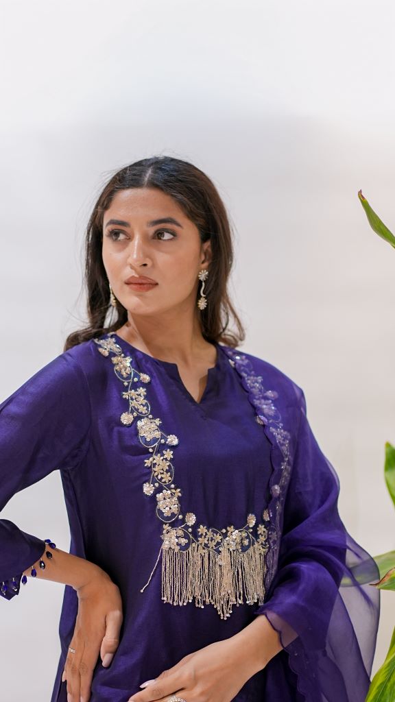 French Sequin Square Yoke Tassel Short Kurta W|d Skirt & Dupatta