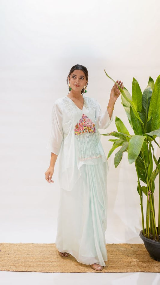 Kaliyarn Firozi Yoke Pleate Kaftan With Drape Skirt