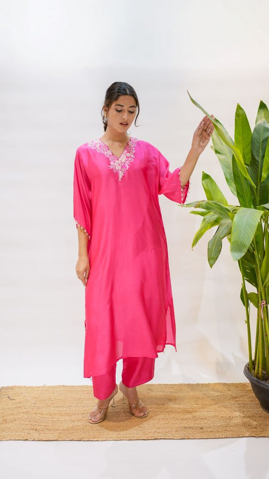 French Knot Coral V Neck Kaftan Kurta W|d Pant