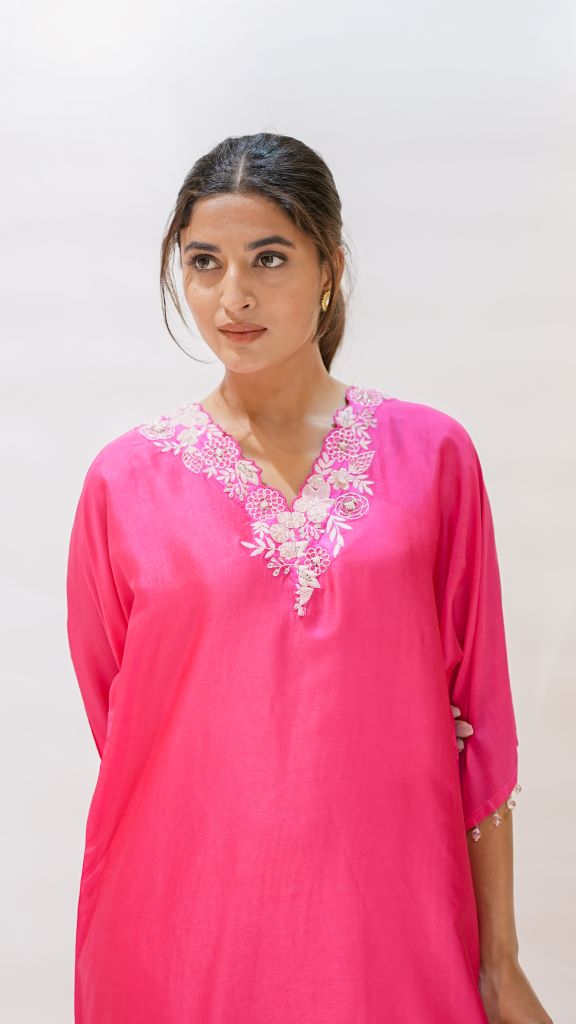 French Knot Coral V Neck Kaftan Kurta W|d Pant