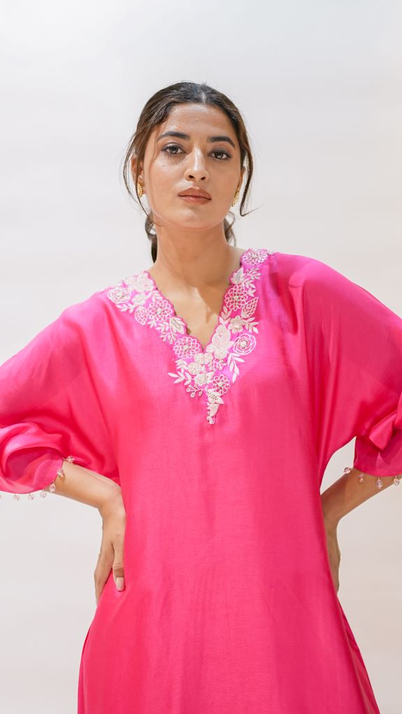 French Knot Coral V Neck Kaftan Kurta W|d Pant