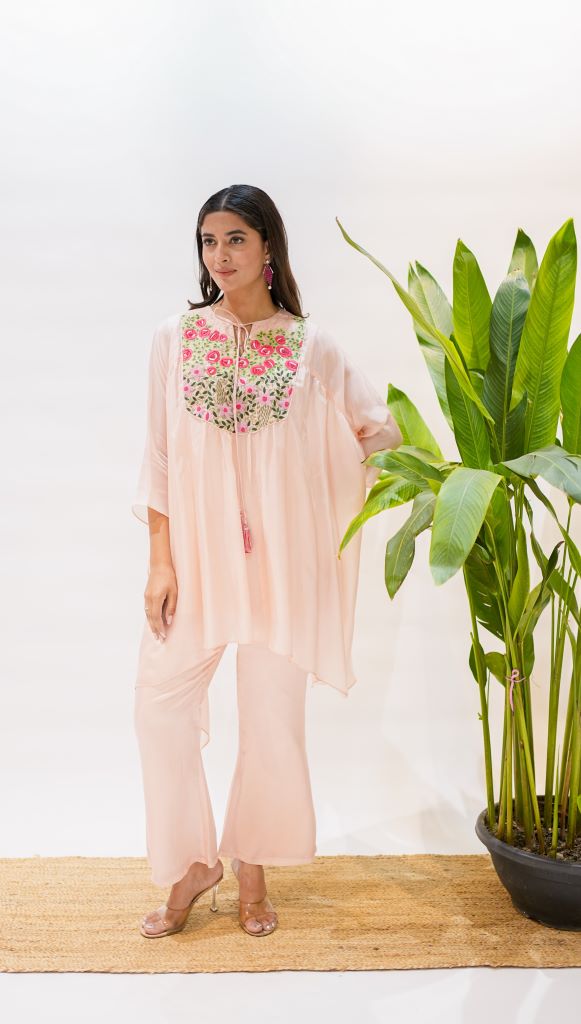 Rosette Work Kaftan Kurta With Bell Bottom Pant