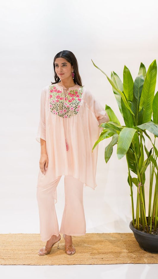 Rosette Work Kaftan Kurta With Bell Bottom Pant