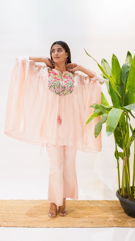 Rosette Work Kaftan Kurta With Bell Bottom Pant