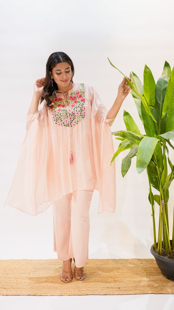 Rosette Work Kaftan Kurta With Bell Bottom Pant