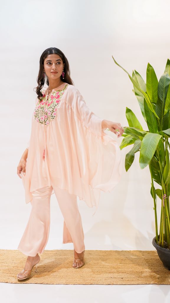 Rosette Work Kaftan Kurta With Bell Bottom Pant