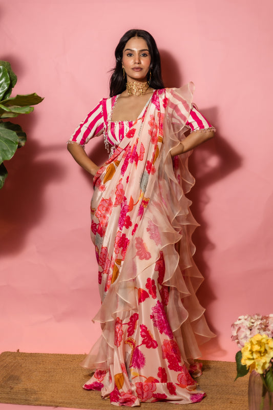 Peachy Bloom Drape Saree